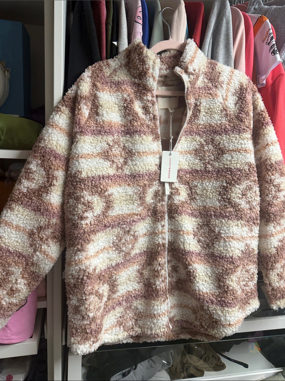 Lucky Brand Cream and Brown Sherpa Zip Jacket